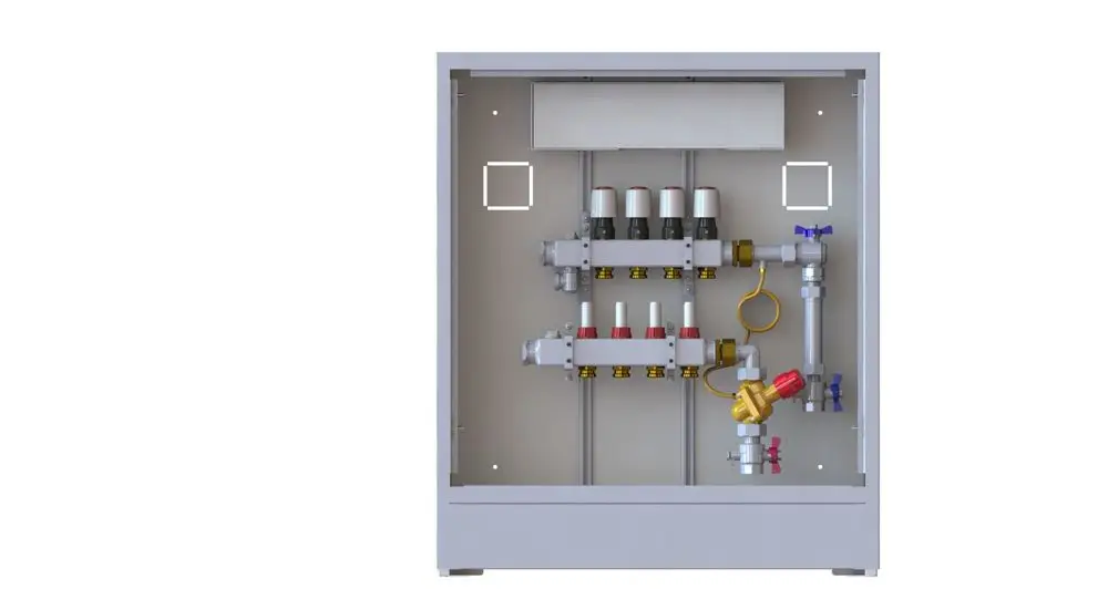 Danfoss Heizkreisverteiler mit Anschlüssen für Heizsysteme, Steuerungselementen und Ventilen in einem kompakten Gehäuse, zur Integration in Heizungsanlagen.